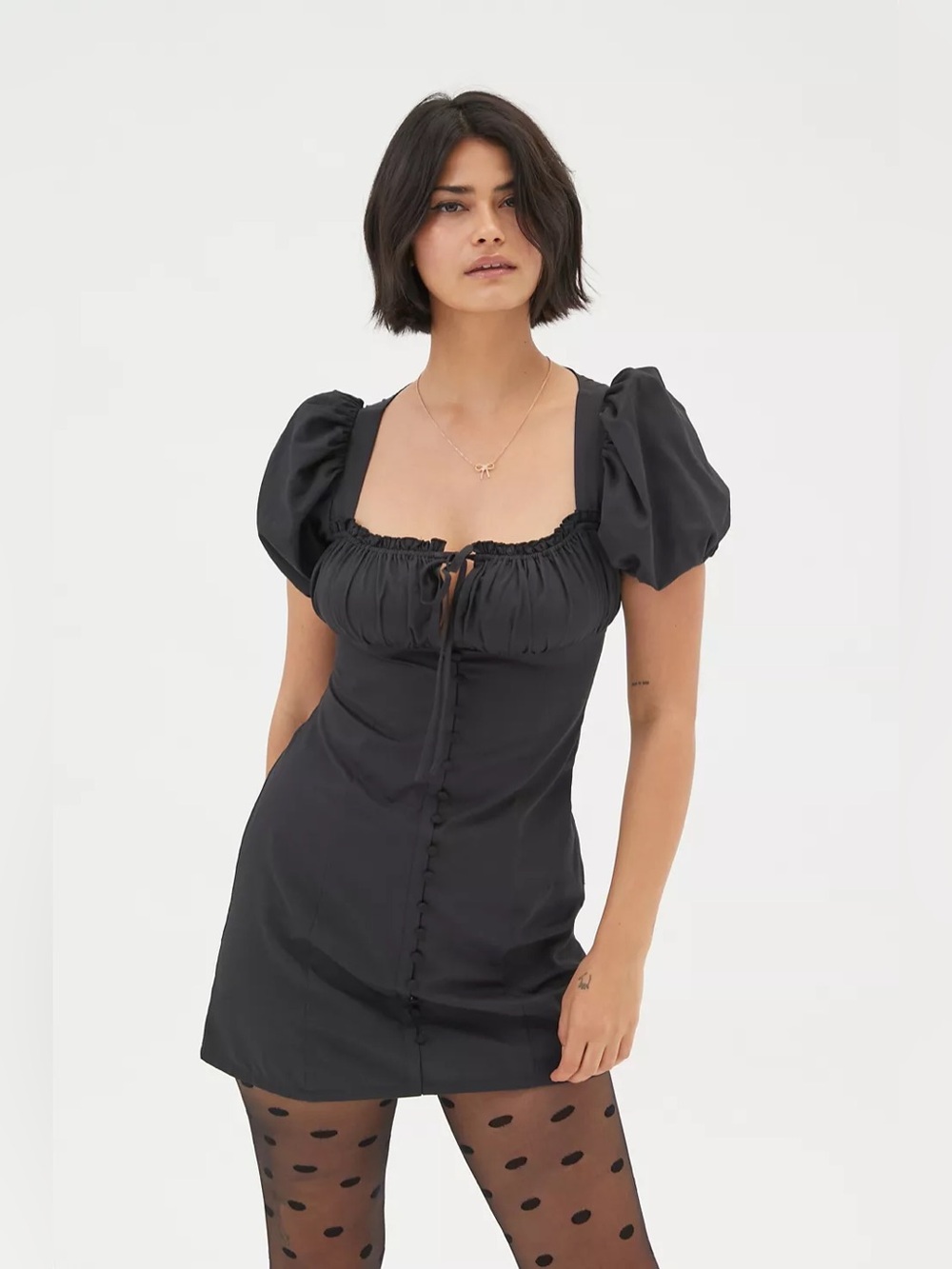 Puff-Sleeve Ruched Black Mini Dress